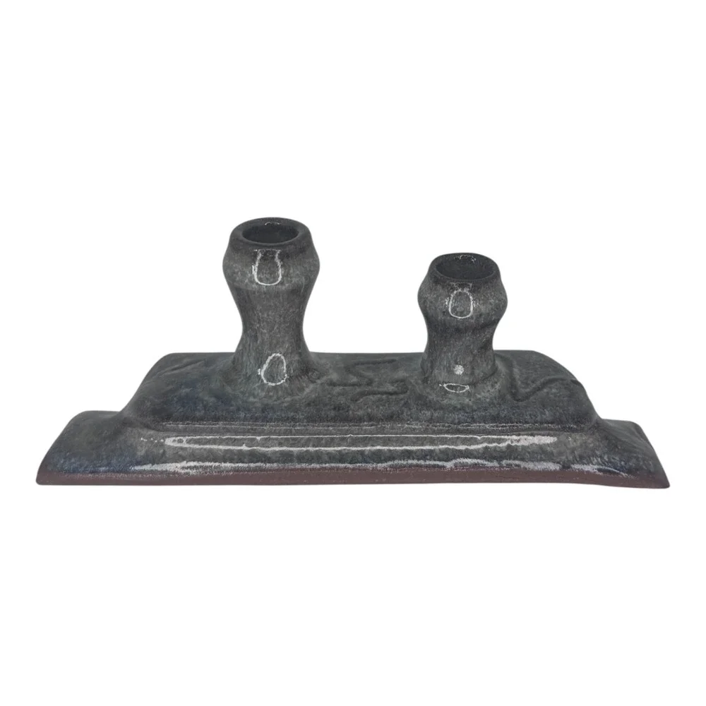Art Pottery Candle Holder Studio Pottery Brutalist Signed‎ Blue Gray Glaze